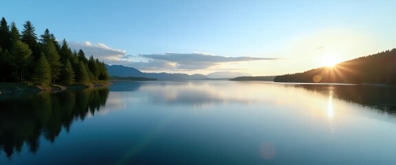 A large body of water surrounded by trees and mountains.