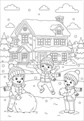 Winter Fun A Coloring Page Featuring Kids Playing in the Snow, Ideal for Children