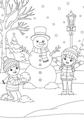 Winter Fun Kids Building Snowman, Printable Coloring Page Activity for Children