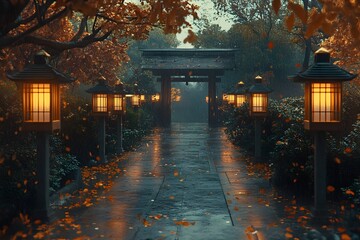 Lantern-Lined Pathway to a Peaceful Japanese Garden