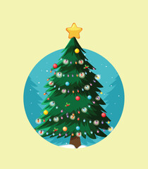 Decorated Christmas tree with star and colorful ornaments vector illustration