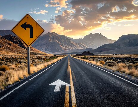 Scenic highway with directional sign at sunset
