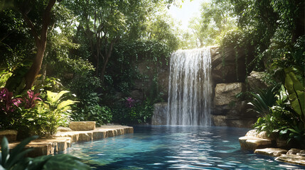 Naklejka premium Tranquil Jungle Waterfall Flowing into Serene Pool