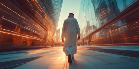 Businessman in white robe walking through futuristic cityscape with sunlight reflections