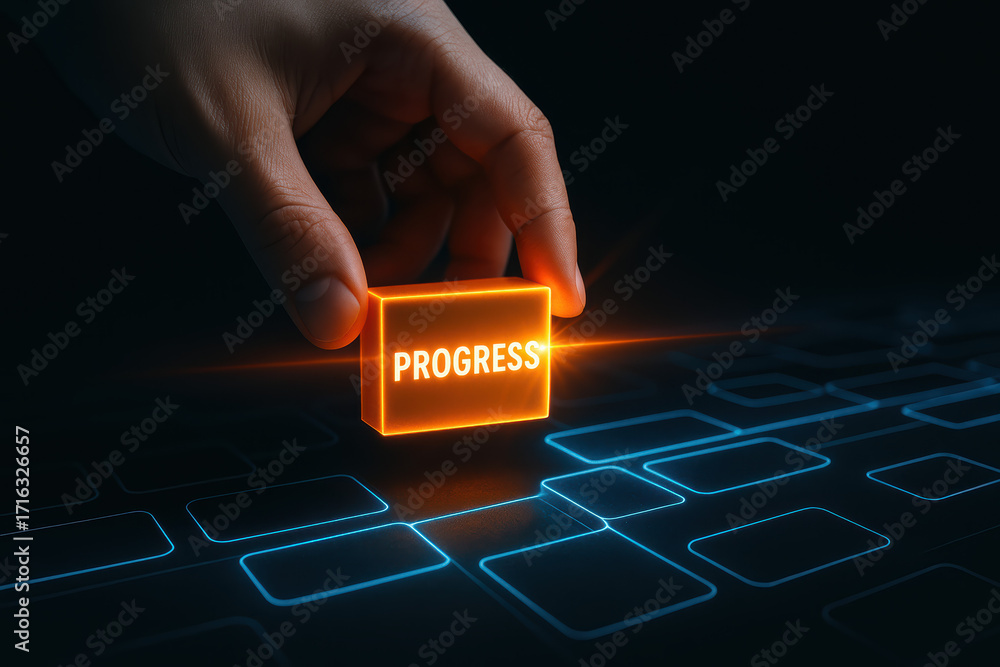 Aufkleber glowing progress block with hand shows advancement growth success and innovation toward future techn