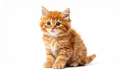 Obraz premium Fluffy Ginger Kitten with Blue Eyes Sitting on White Background Pet Adorable Kitten Animal Companion Playful Young Cat Cute Feline Furry Friend
