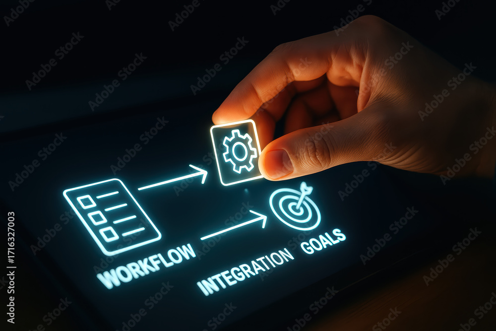 Poster workflow integration and goal alignment business success with glowing dashboard interface