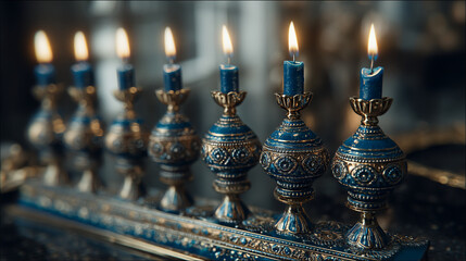 Obraz premium A hanukkah menorah with blue and gold candles lit against a blurred background indoors