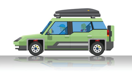 Obraz premium Object of side view traveling of off road. Driving man and famiily inside green car. On the car roof rack Hard shape. With shadow on isolated white background.