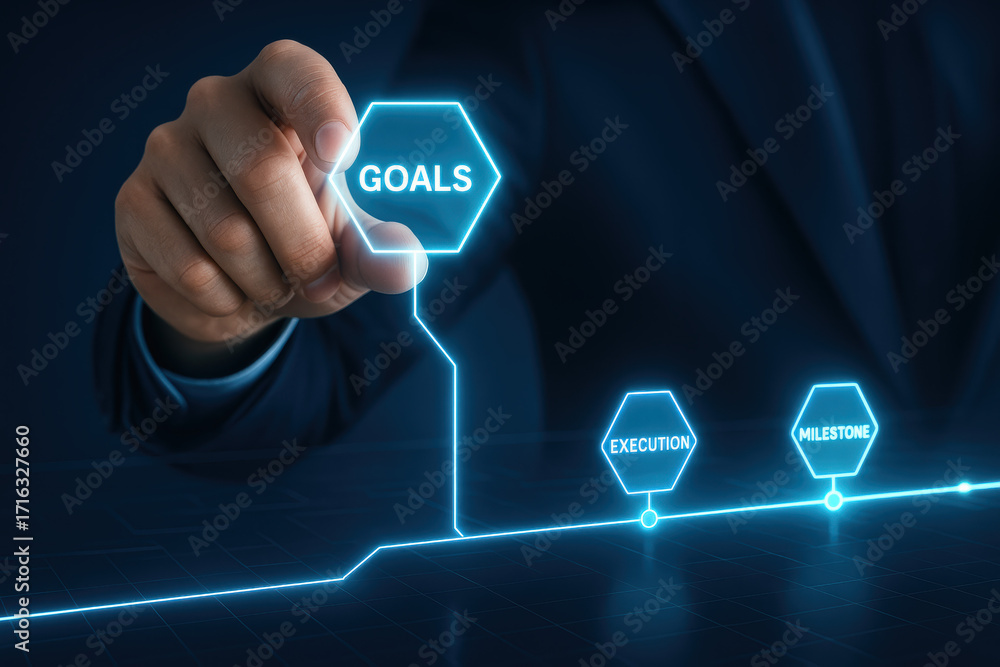 Poster goals and execution drive milestone progress toward success using clear strategy and achievement foc