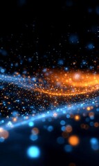 Abstract digital particles flowing in waves with glowing blue and orange lights against a dark background