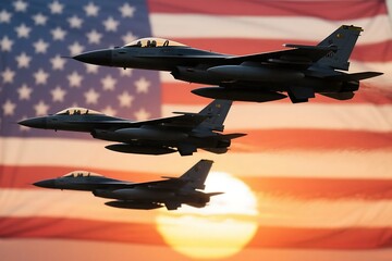 Fighter aircrafts with USA flag against the sunset sky