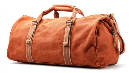 A rustic orange canvas duffel bag with leather accents perfect for travel or weekend getaways