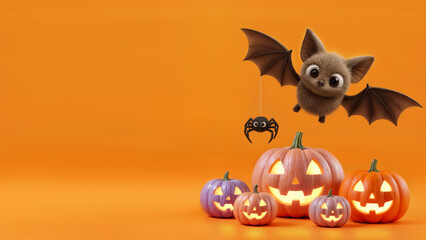 Halloween: Cute cartoon small Bat with Spider on an orange background, pumpkins shimmer and glow from the inside, casting a glow.