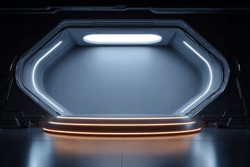 Futuristic illuminated platform with glowing edges and sleek design in a dark high-tech environment