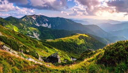 Naklejka premium Green Mountain Range Landscape with Sunlight and Clouds in Summer Time Scenery Panorama View Wild Nature Forest Hill Peak Destination Travel Holiday