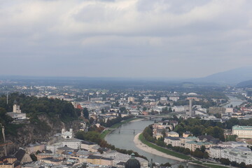 Top view of old town and Salzach river in Salzburg, cityscape, urban landscape, historic district