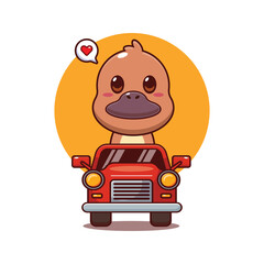 Cute platypus mascot cartoon character illustration ride on car