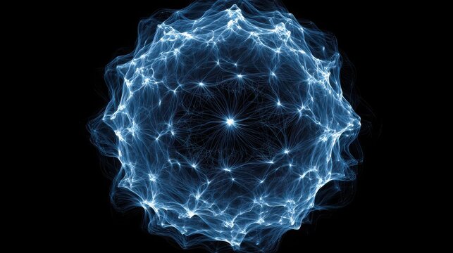 Glowing blue sphere with intricate light pattern, abstract energy network, digital art, futuristic and dynamic, radiating lines on black background