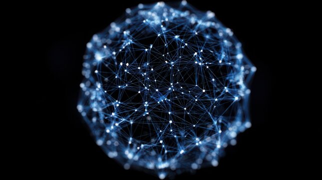 Glowing blue sphere with interconnected network lines and nodes, digital abstract design representing technology, data, and communication, futuristic and dynamic energy