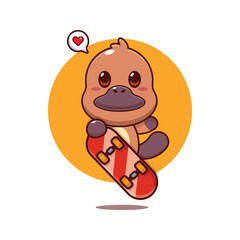 Cute platypus mascot cartoon character illustration with skateboard