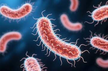 Glowing helicobacter pylori bacteria cells on dark blue background. Gastritis disease. 3d-rendering