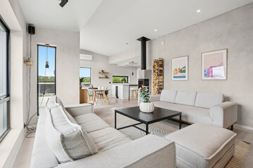 Modern luxury apartment interior in minimal scandinavian style, 3d rendering