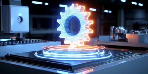A glowing gear hovers above a circular platform in a high-tech laboratory setting, illuminated by blue and orange light.