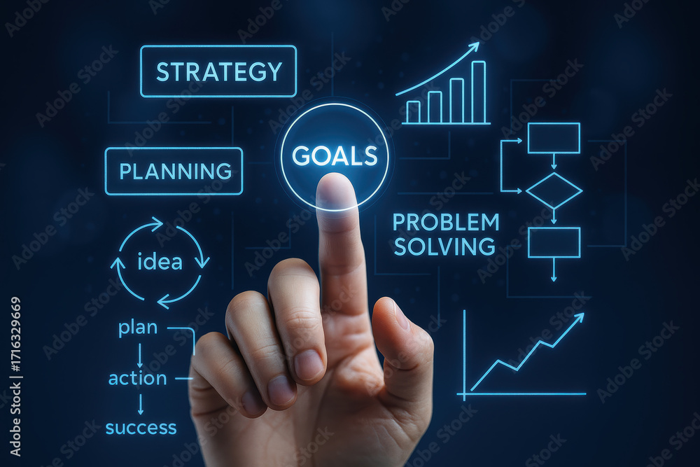 Aufkleber goals and strategy guide planning with problem solve and success through idea and plan for growth