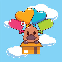 Cute platypus mascot cartoon character illustration fly with balloons