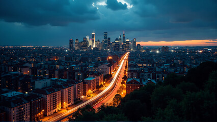 Fototapeta premium Urban Serenity: Blue Hour Skyline with Dynamic Light Trails