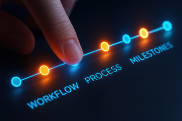 Workflow process milestone progress drives project plan toward success and achievement with clear steps