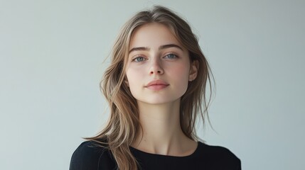 Natural Portrait of a Young Woman with Long Hair Against a Minimalist Background