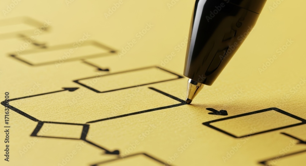 Poster flowchart and process plan illustrate workflow and decision connection in business organization