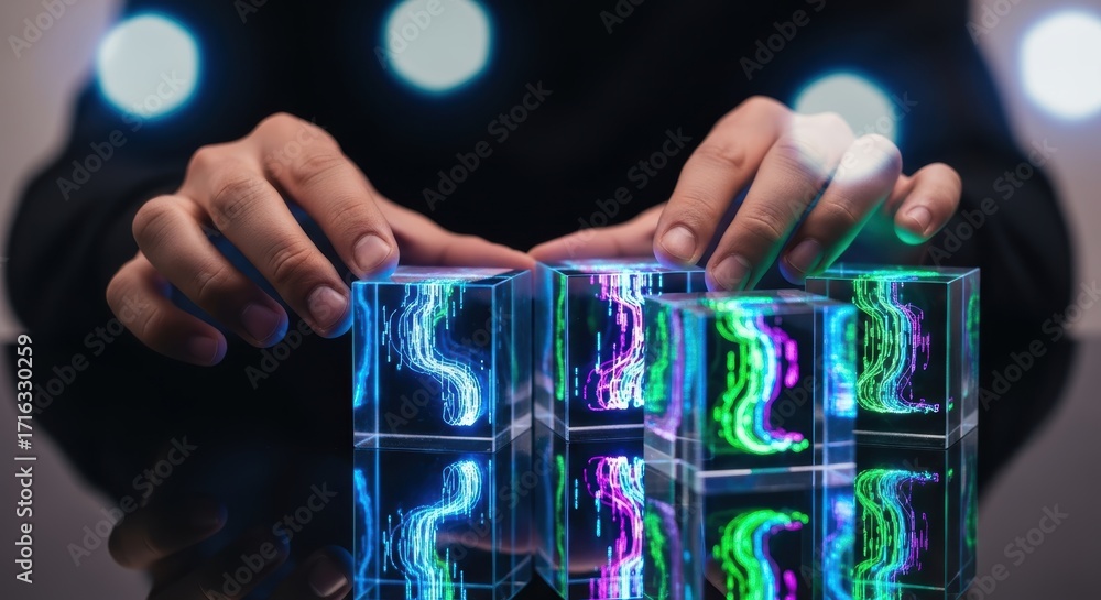 Poster inspiring technology and innovation blend with science to control vibrant data in a glowing hologram