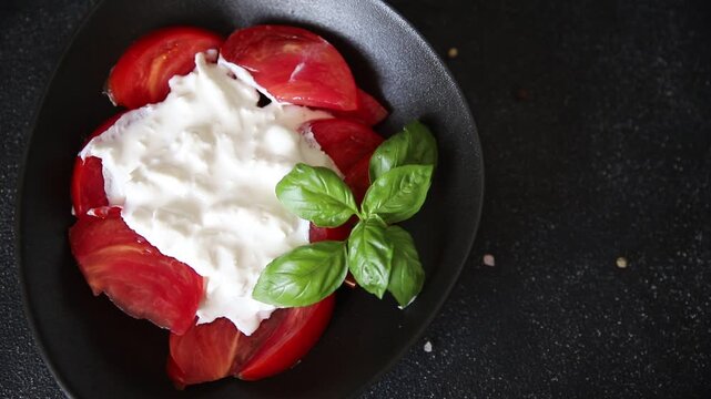 Salad strachatella and tomato portion size natural product tasty snack fresh delicious gourmet food background on the table rustic top view copy space keto and paleo diet