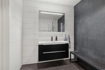 Modern bathroom interior in minimal scandinavian style, 3d render