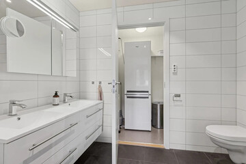 Modern bathroom interior in minimal scandinavian style, 3d render