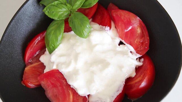 Salad strachatella and tomato portion size natural product tasty snack fresh delicious gourmet food background on the table rustic top view copy space keto and paleo diet