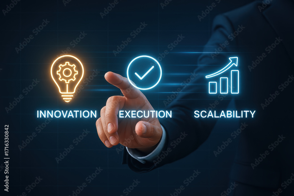 Poster glowing innovation and execution inspire scalability with digital concepts driving growth and succes
