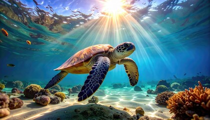 Obraz premium Green Sea Turtle Swimming in Turquoise Ocean Water with Sun Rays in the Tropics Underwater