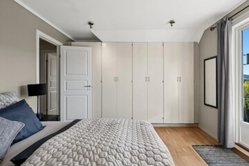 Modern luxury bedroom interior in minimal scandinavian style, 3d render