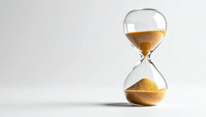 Hourglass on white background, detailed textures of glass and sand, concept of time.