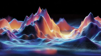 Obraz premium Abstract digital landscape with glowing, colorful mountain peaks and flowing terrain