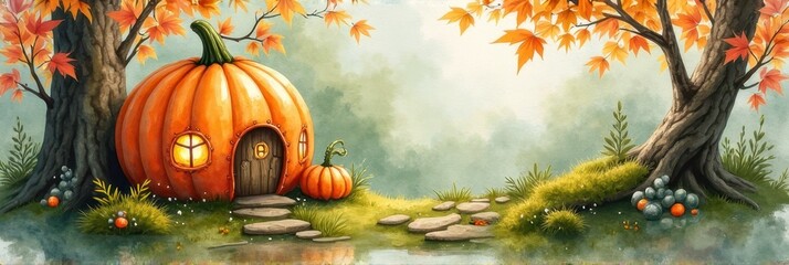Cozy pumpkin house in autumn forest with colorful leaves and stone pathway