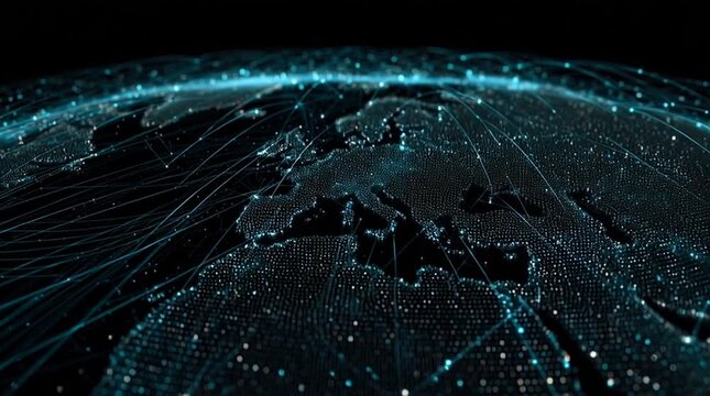 A digital illustration of a global network, depicting interconnected data points across a dark world map.