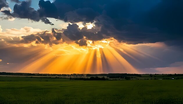 Dramatic sunset rays piercing through storm clouds over a field - Powered by Adobe