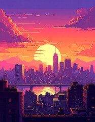 Fototapeta premium Pixel art cityscape with sunset background