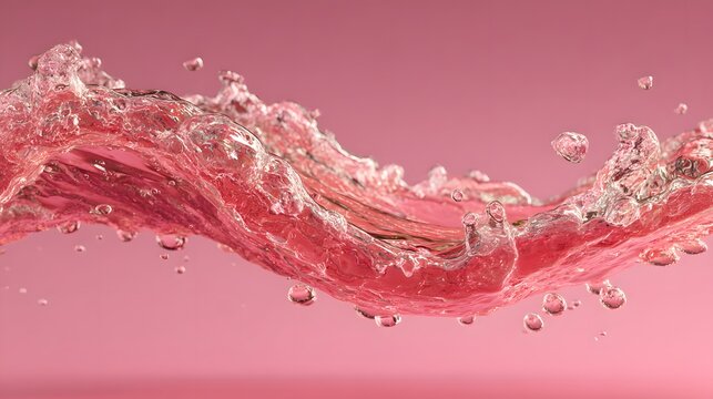 Dynamic, high-speed photo of a clear pink liquid creating a beautiful splash and wave, with effervescent bubbles rising against a soft pink gradient.