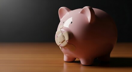 A cracked pink piggy bank sitting on a wooden surface, symbolizing financial loss or economic hardship with dramatic lighting